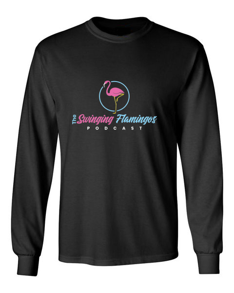 The Swinging Flamingos podcast black front long sleeve t-shirt
