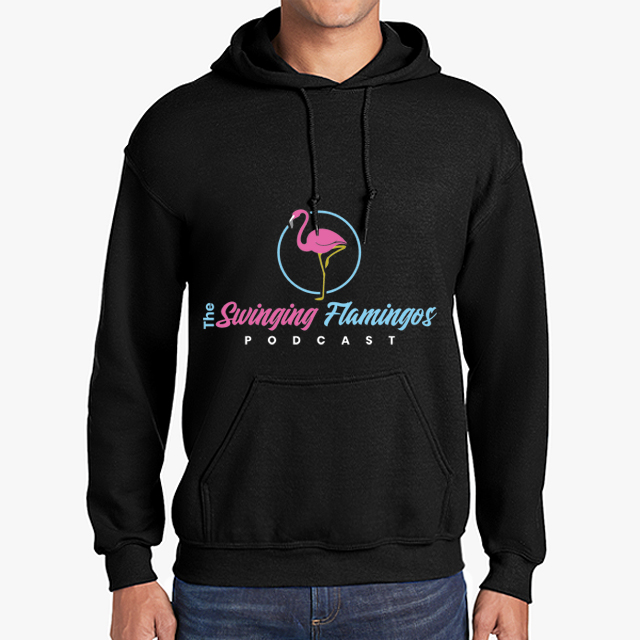 The Swinging Flamingos podcast black hoodie front