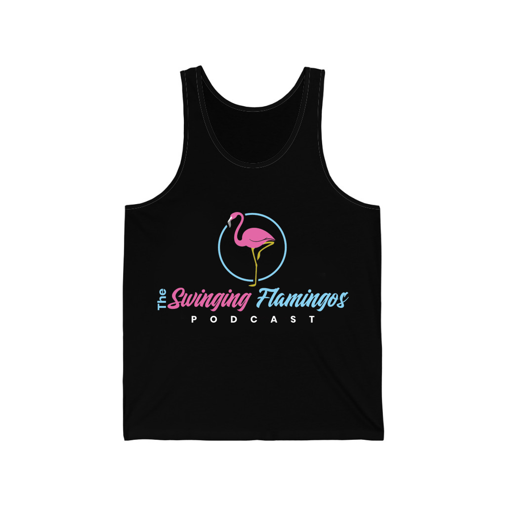 The Swinging Flamingos podcast black unisex jersey tank